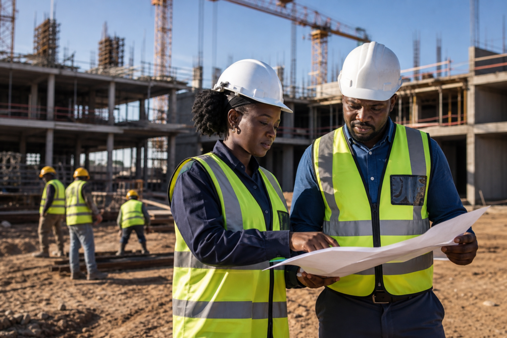 Six Ways Strong Project Management Protects Construction Projects South African project manager and site engineer reviewing construction plans