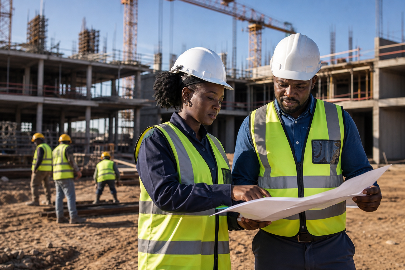 Six Ways Strong Project Management Protects Construction Projects South African project manager and site engineer reviewing construction plans