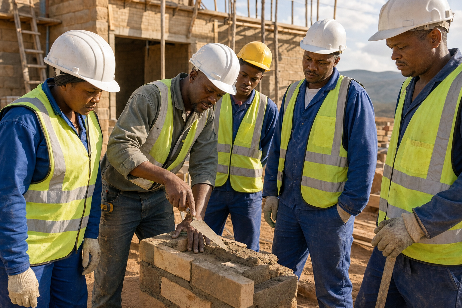 Building Local Capacity Through Construction Partnerships South African contractors and apprentices developing construction skills on site